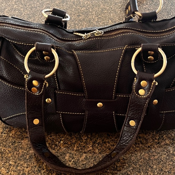 MAXX NY Leather Shoulder Bag. Deep Expresso Brown, Gold Accents, Dust Bag - Picture 5 of 16